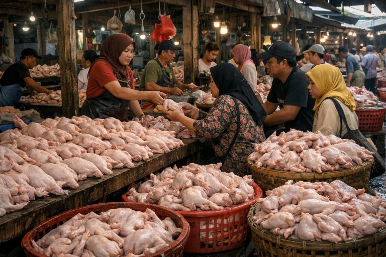harga ayam potong di pasar-pasar bogor turun akibat kelebihan pasokan, memberikan kesempatan bagi konsumen untuk mendapatkan produk segar dengan harga lebih terjangkau.
