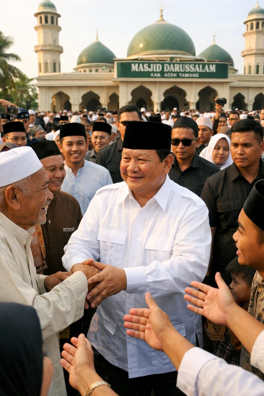 setelah shalat id, prabowo berbaur dengan jemaah masjid darussalam, warga antusias berebut salam, menunjukkan kebersamaan dan semangat kebersamaan yang tinggi.
