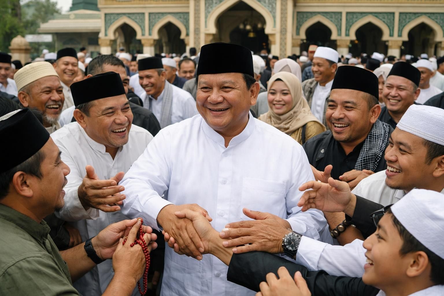 setelah shalat id, prabowo berbaur dengan jemaah masjid darussalam, warga antusias berebut salam, menunjukkan dukungan dan keakraban dalam suasana penuh kebersamaan.