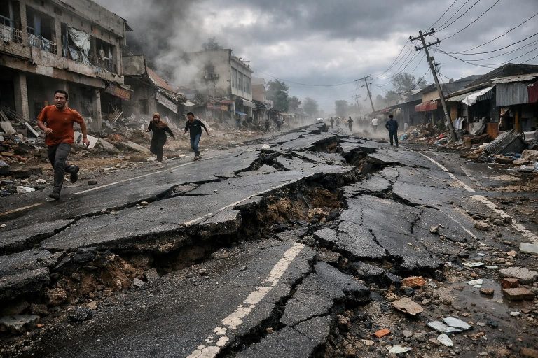 gempa dahsyat berkekuatan magnitudo 7,6 mengguncang sulawesi utara dan maluku utara, menyebabkan aspal jalanan bergoyang hebat. baca laporan lengkap di bbc.