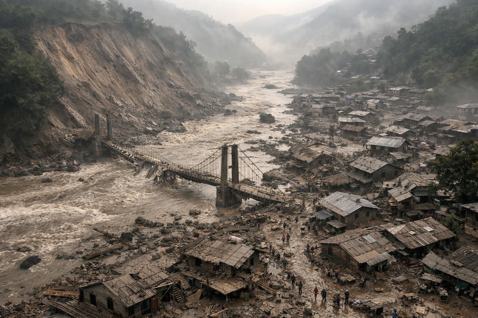 nepal setelah banjir bandang dan longsor: pemandangan udara yang mengerikan memperlihatkan dampak bencana alam yang dahsyat.