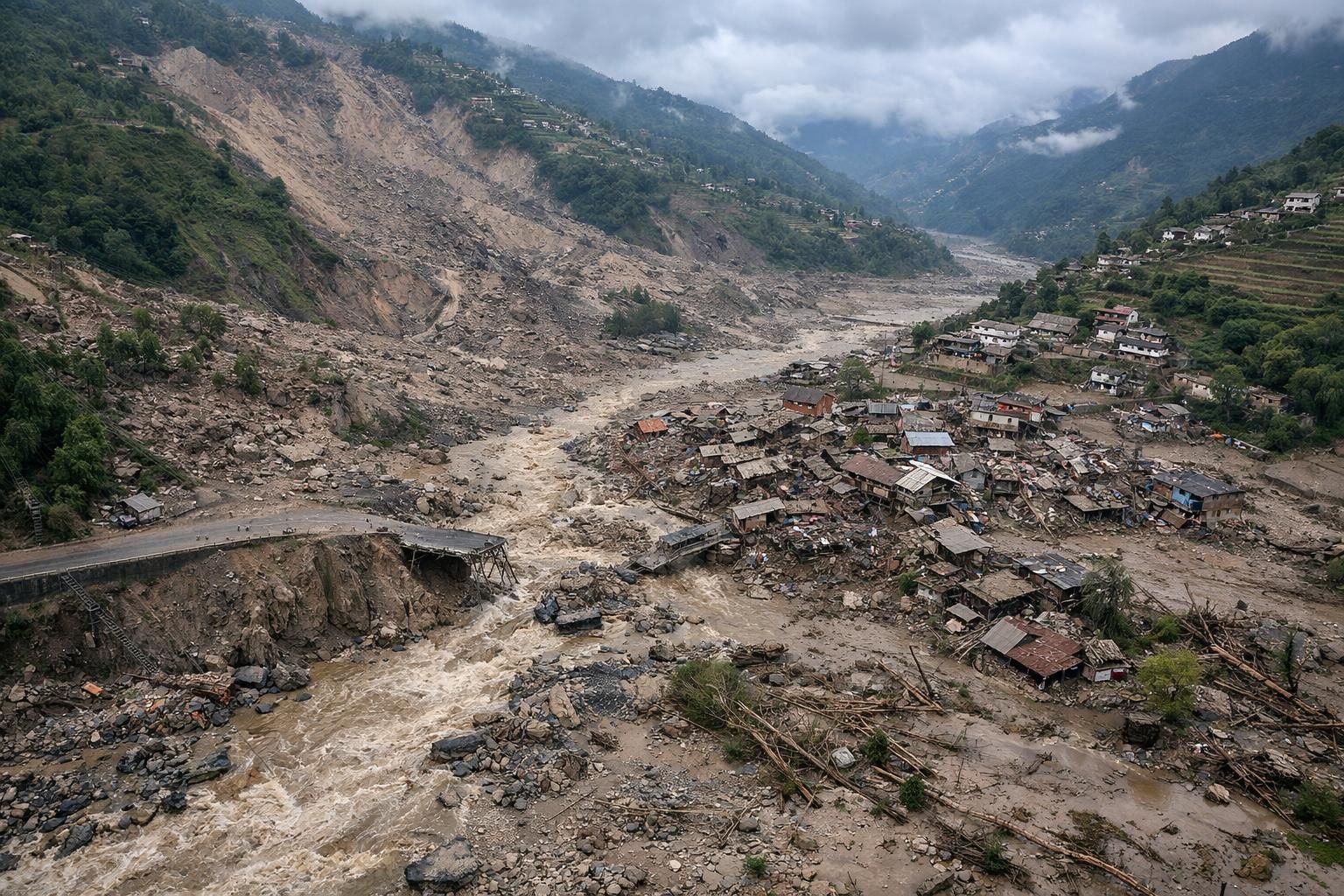 gambaran udara yang menakjubkan dan mengerikan dari nepal pasca banjir bandang dan longsor, memperlihatkan dampak bencana dan pemulihan yang sedang berlangsung.