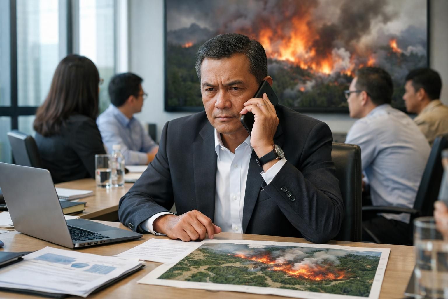 prabowo menyela rapat untuk menerima panggilan telepon yang meminta peralatan tambahan guna menangani kebakaran hutan dan lahan (karhutla) secara efektif.